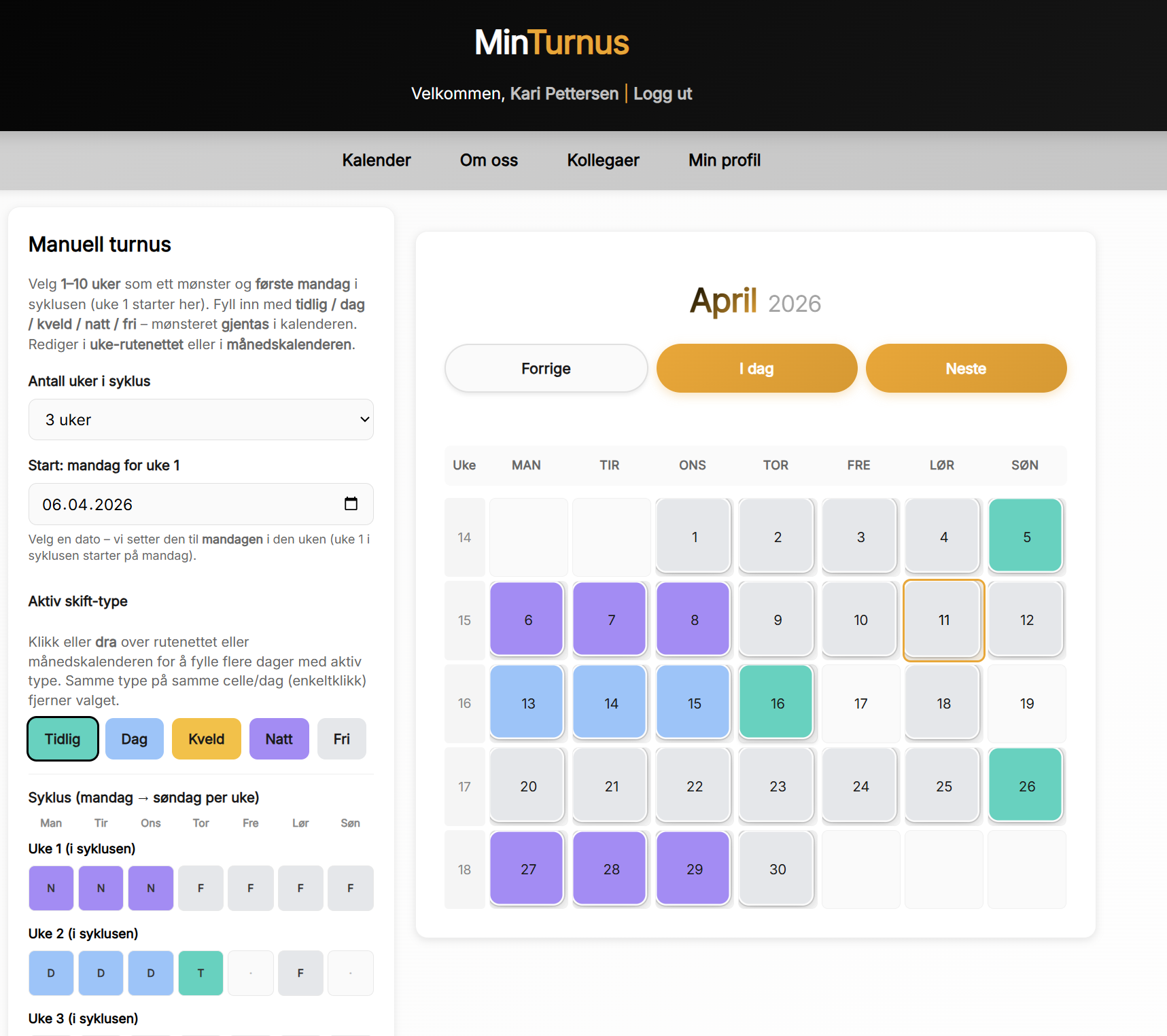 Skjermbilde av manuell turnus med syklus og kalendervisning i MinTurnus