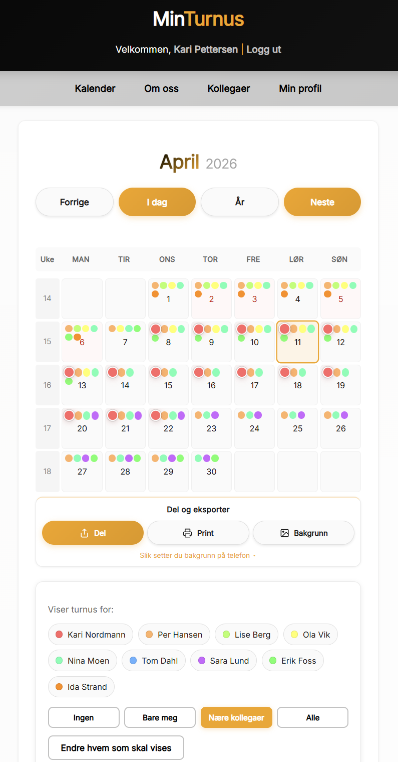 Månedsvisning for én måned med detaljer per dag